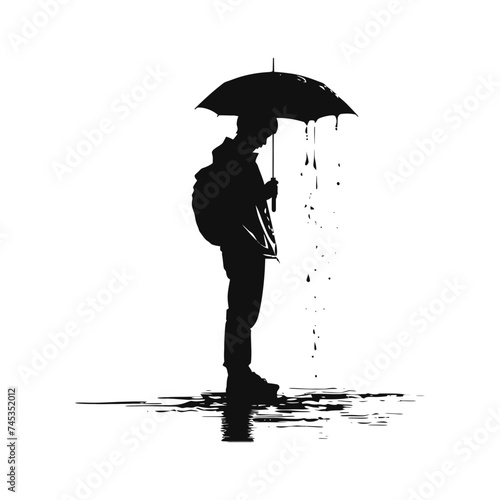 Silhouette boy with umbrella during drizzle black color only