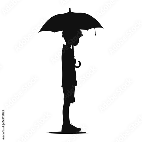 Silhouette boy with umbrella during drizzle black color only