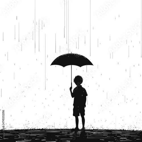 Silhouette boy with umbrella during drizzle black color only