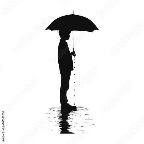 Silhouette boy with umbrella during drizzle black color only