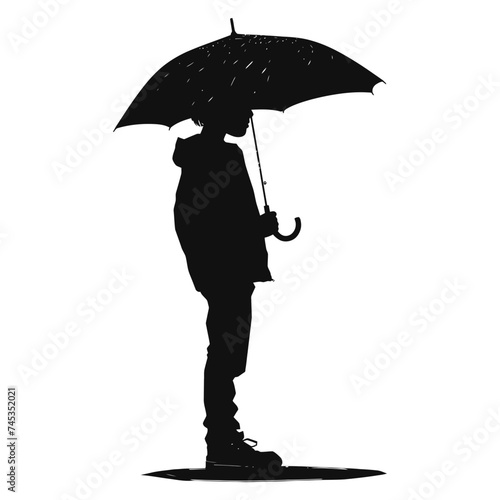 Silhouette boy with umbrella during drizzle black color only