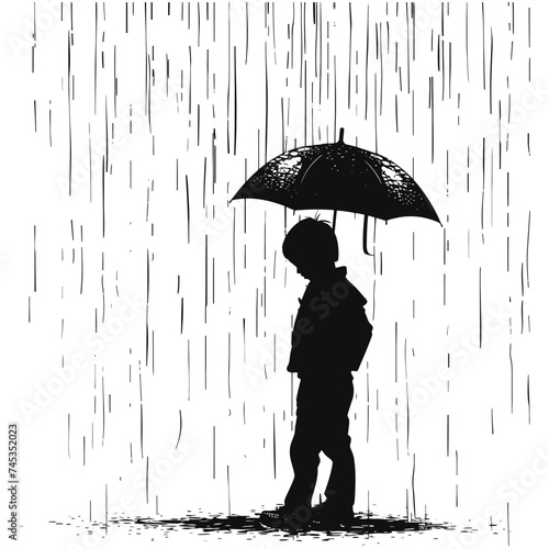 Silhouette boy with umbrella during drizzle black color only