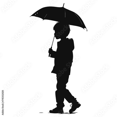 Silhouette boy with umbrella during drizzle black color only