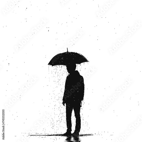 Silhouette boy with umbrella during drizzle black color only