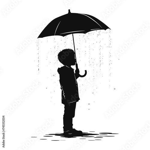 Silhouette boy with umbrella during drizzle black color only