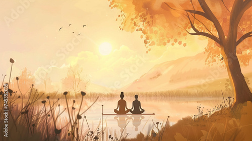 Sunset Yoga by the Lake, Two People Practicing Meditation in Watercolor