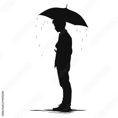 Silhouette boy with umbrella during drizzle black color only