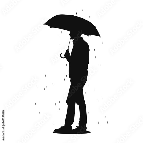 Silhouette boy or man with umbrella during drizzle black color only
