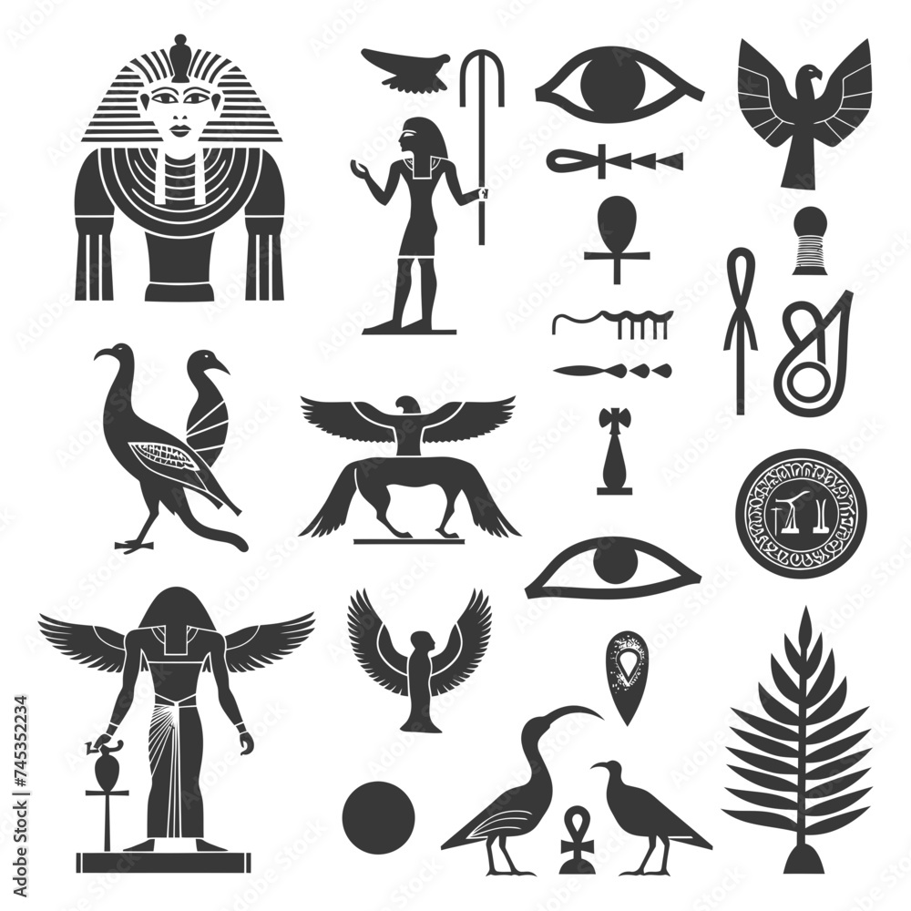 Silhouette collection of ancient egyptian hieroglyphs symbol logo black color only Silhouette collection of ancient egyptian hieroglyphs symbol logo black color only