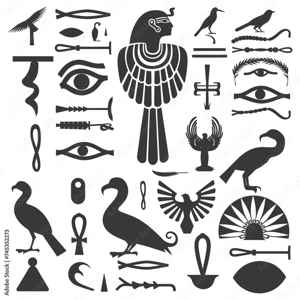 Silhouette collection of ancient egyptian hieroglyphs symbol logo black color only Silhouette collection of ancient egyptian hieroglyphs symbol logo black color only