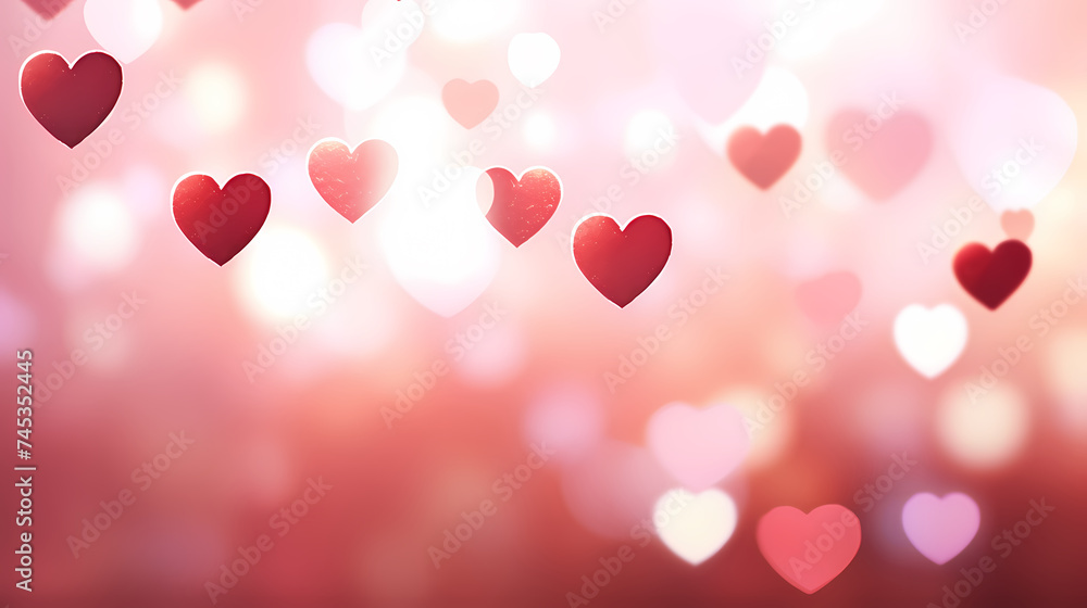 Abstract Valentine's Day background with red hearts and blurred bokeh lights