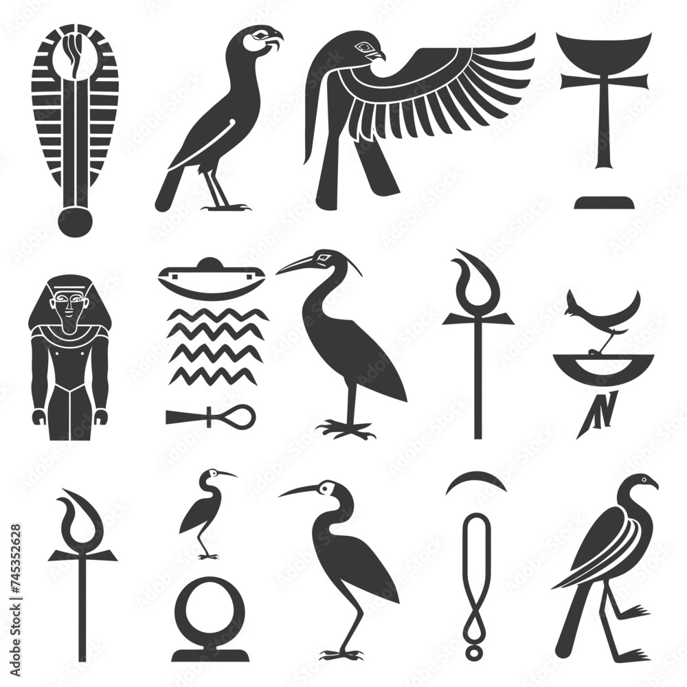 Silhouette collection of ancient egyptian hieroglyphs symbol logo black color only Silhouette collection of ancient egyptian hieroglyphs symbol logo black color only