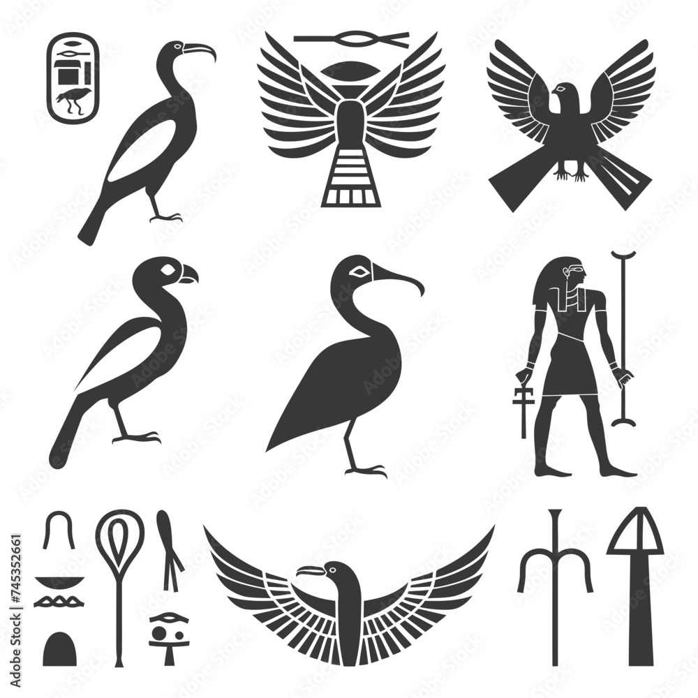 Silhouette collection of ancient egyptian hieroglyphs symbol logo black color only Silhouette collection of ancient egyptian hieroglyphs symbol logo black color only
