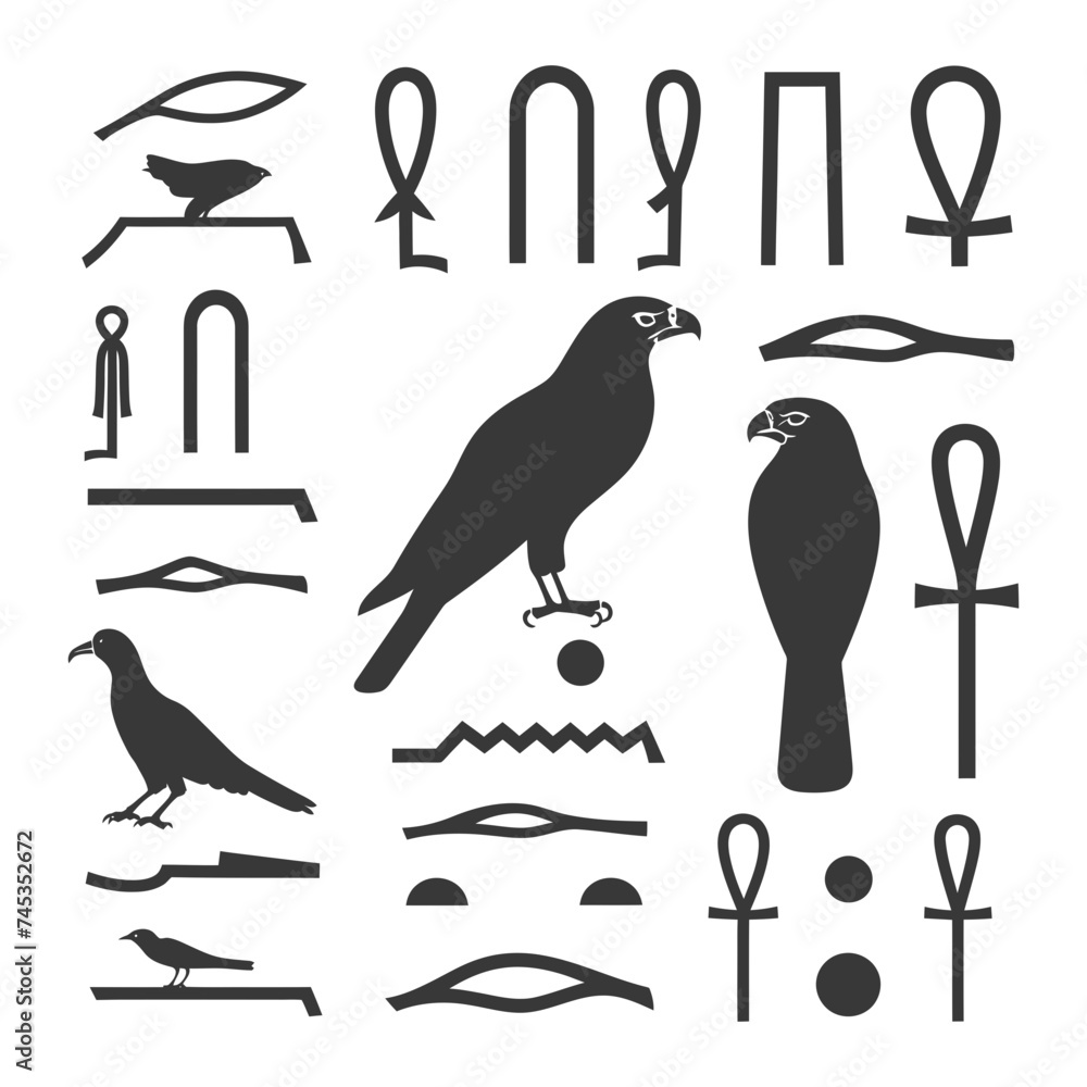 Silhouette collection of ancient egyptian hieroglyphs symbol logo black color only Silhouette collection of ancient egyptian hieroglyphs symbol logo black color only