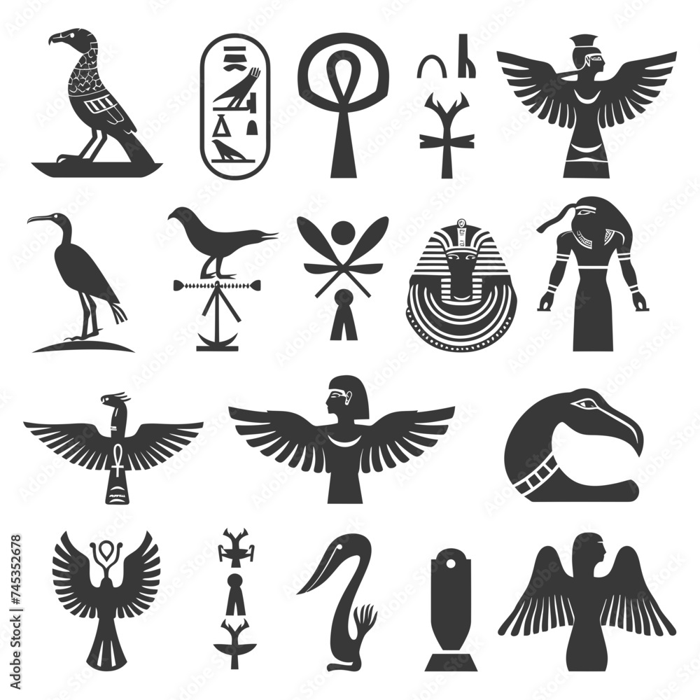 Silhouette collection of ancient egyptian hieroglyphs symbol logo black color only Silhouette collection of ancient egyptian hieroglyphs symbol logo black color only