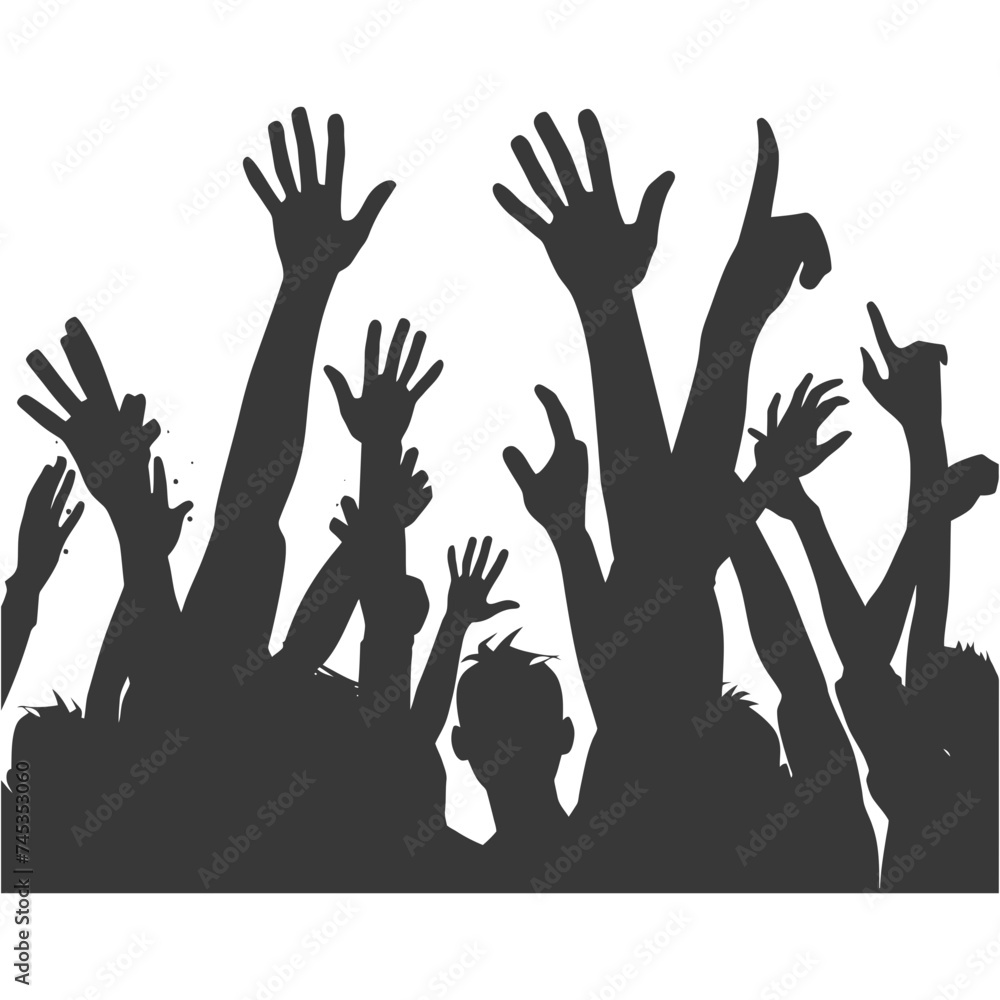 Silhouette hands raised at a music festival black color only Silhouette hands raised at a music festival black color only