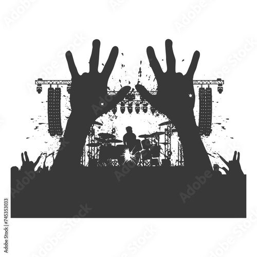 Silhouette hands raised at a music festival black color only