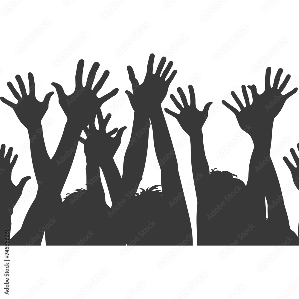 Silhouette hands raised at a music festival black color only Silhouette hands raised at a music festival black color only