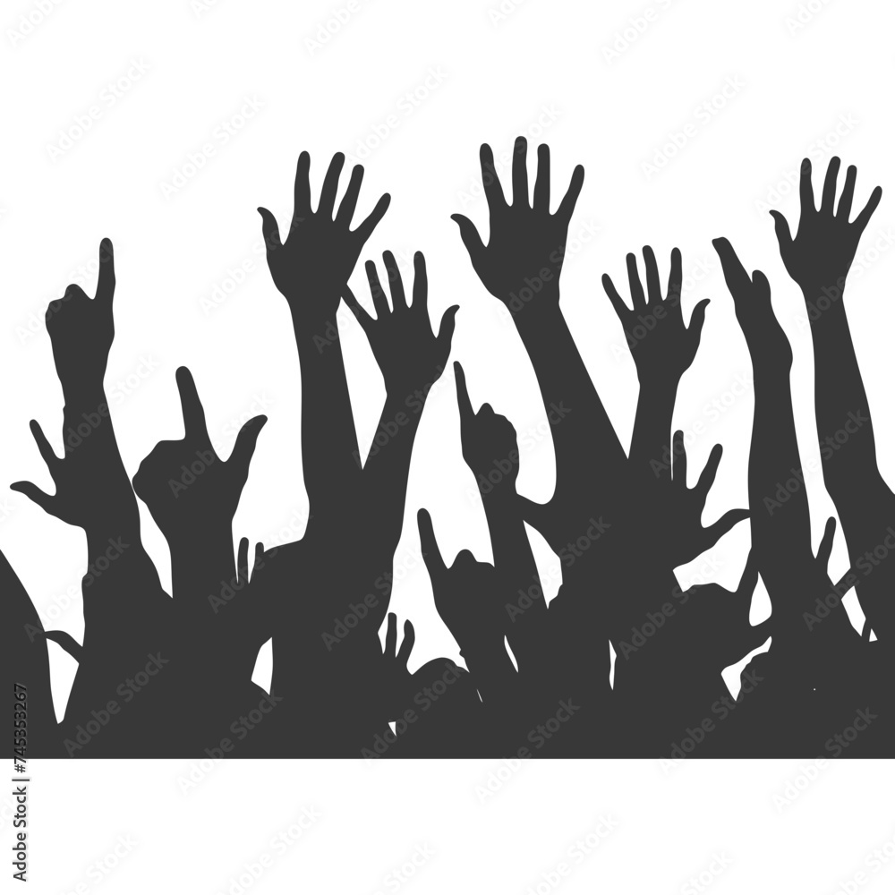 Silhouette hands raised at a music festival black color only Silhouette hands raised at a music festival black color only