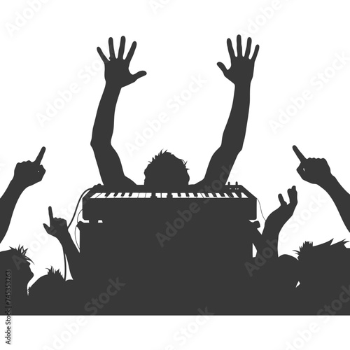 Silhouette hands raised at a music festival black color only