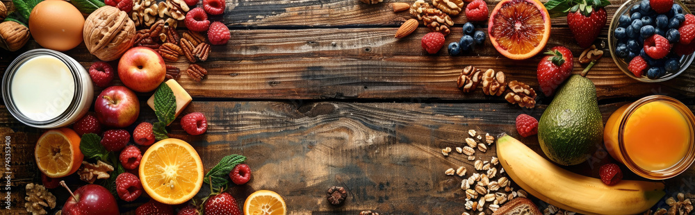 Healthy breakfast ingredients on wooden rustic background, egg, nuts, fruits, berries, toast, milk, yogurt, orange juice, cheese, top view. Generative AI. Healthy breakfast ingredients on wooden rustic background, egg, nuts, fruits, berries, toast, milk, yogurt, orange juice, cheese, top view. Generative AI.