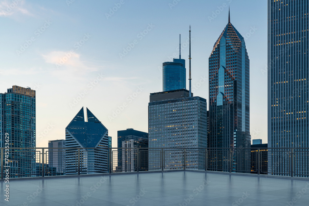 Fototapeta premium Skyscrapers Cityscape Downtown, Chicago Skyline Buildings. Beautiful Real Estate. Sunset. Empty rooftop View. Success concept.