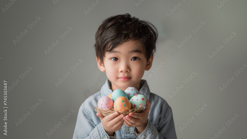 Portrait of a cute little asian boy holding easter eggs Portrait of a cute little asian boy holding easter eggs