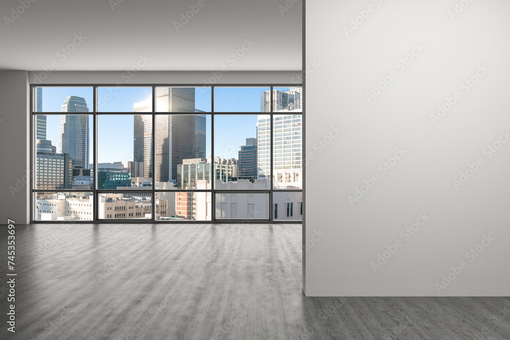 Fototapeta premium Downtown Los Angeles City Skyline Buildings from High Rise Window. Beautiful Expensive Real Estate overlooking. Empty room Interior. Mockup wall. Skyscrapers Cityscape. Day. California. 3d rendering.