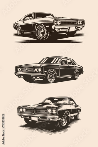 set of classic car silhouette. Vintage American old style muscle car