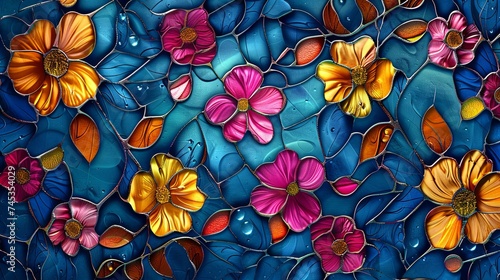 Stained glass window background with colorful Flower and Leaf abstract. © soysuwan123