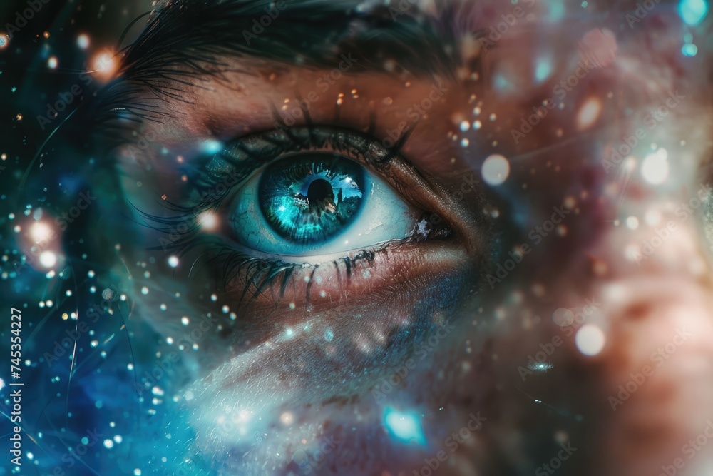 A close-up of a person's eyes merged with the texture of swirling galaxy stars in a double exposure A close-up of a person's eyes merged with the texture of swirling galaxy stars in a double exposure