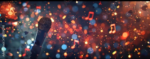 Glowing music sheets notes on beautiful lights bokeh background with microphone photo