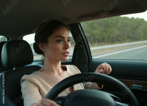 A woman is driving in a passenger car.