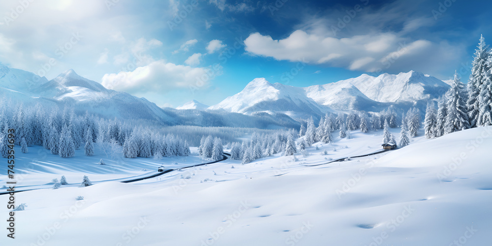 Snowflakes in winter copy space sky background, A Breathtaking Winter Wonderland Majestic Christmas Trees, Beautiful frosty scene spruce,  Generative AI 