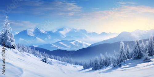 vast desolated snow land, big mountains in background, snowfall with light blue sky and light blue colors, peaceful atmosphere, Beautiful Winter Scene With Snowy Fir Trees Mountains, Generative AI  © Ali