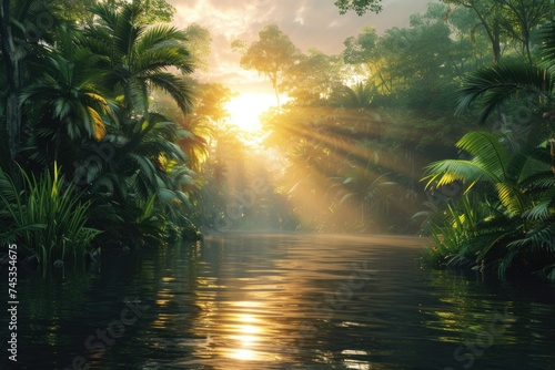 Tranquil river through dense tropical jungle at sunset