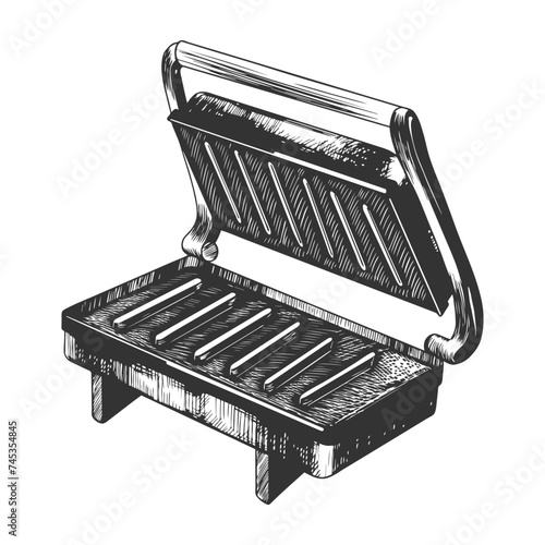 Sketch style electric barbecue grill isolated on white background. Engraving style BBQ grill with lid. Equipment for picnic. Vector illustration of sandwich maker. Press grill