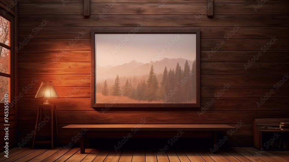 Realistic wooden house interior with picture or poster frame hanging on a wall.