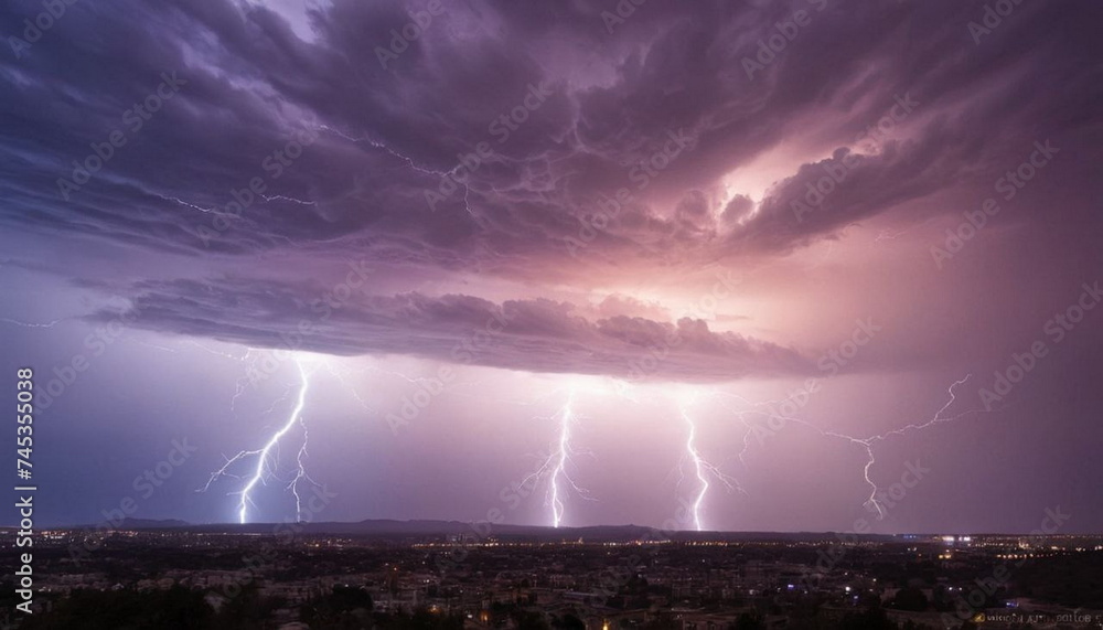 Bright lightning in the sky during a thunderstorm. A dangerous natural phenomenon over the city. Bright lightning in the sky during a thunderstorm. A dangerous natural phenomenon over the city.
