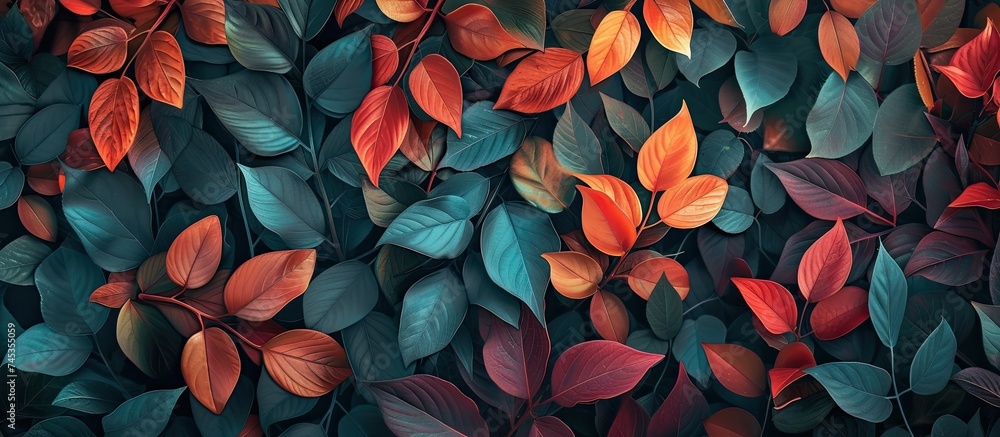 A cluster of leaves forms an exquisite pattern on a wall, creating a visually interesting display under a vibrant canopy of leaves. A cluster of leaves forms an exquisite pattern on a wall, creating a visually interesting display under a vibrant canopy of leaves.