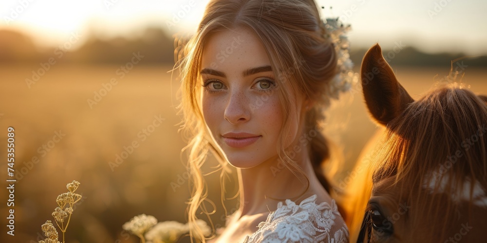 A pretty bride in a wedding dress, posing with a horse in a romantic sunset field. A pretty bride in a wedding dress, posing with a horse in a romantic sunset field.