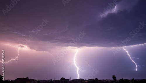 Bright lightning in the sky during a thunderstorm. A dangerous natural phenomenon over the city.