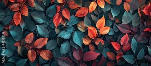 A cluster of leaves forms an exquisite pattern on a wall, creating a visually interesting display under a vibrant canopy of leaves.