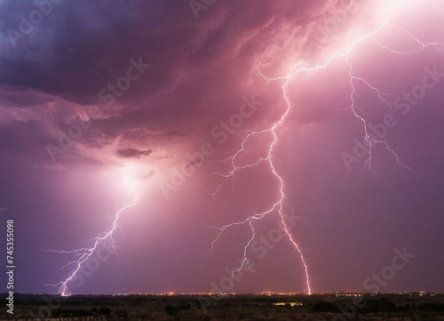 Bright lightning in the sky during a thunderstorm. A dangerous natural phenomenon over the city.