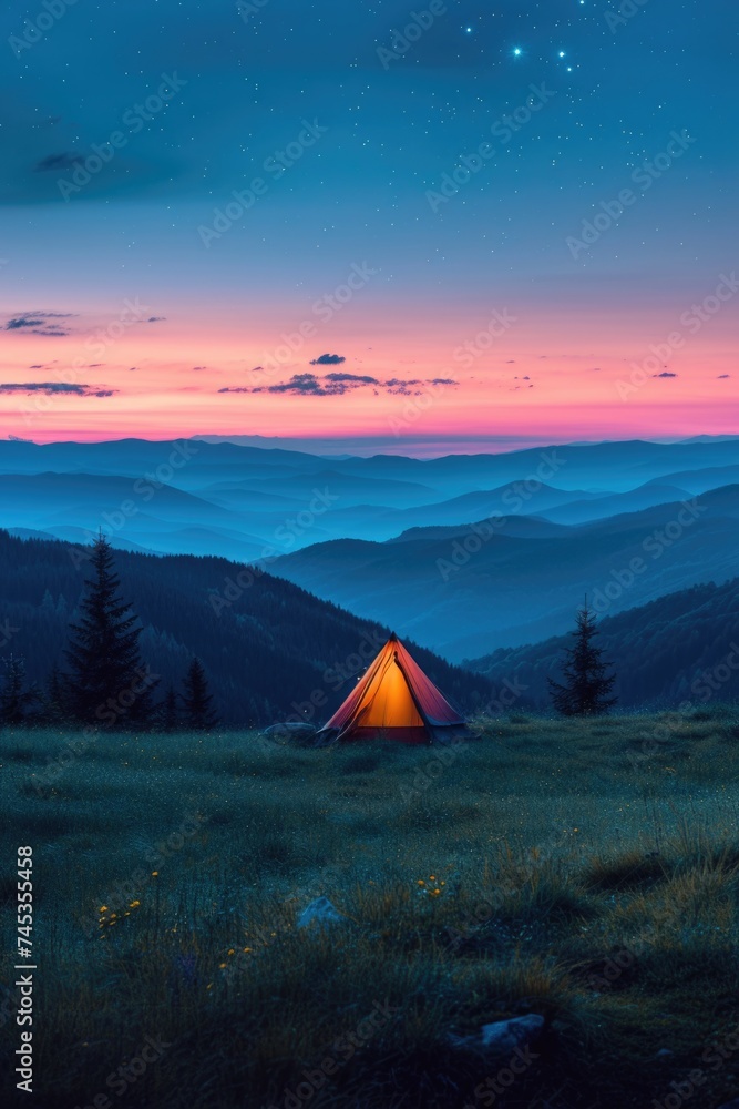 Camping under the twilight sky in the mountain wilderness
