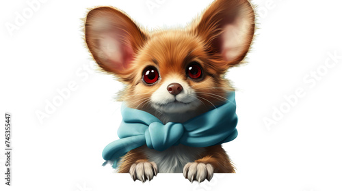cartoon cute animal with large expressive eyes and huge ears in an elegant blue scarf.