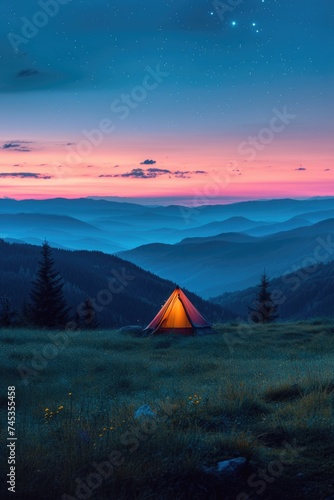 Camping under the twilight sky in the mountain wilderness © Landscape Planet
