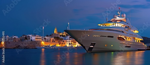 superyacht bow in front at night