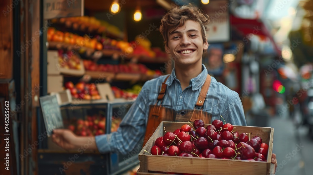 Young Man At The Entrance Of The Fruit Shop Showing Delicious Cherries. Concept Of Small Grocery Businesses That Sell Organic Fruits. Generative AI. Young Man At The Entrance Of The Fruit Shop Showing Delicious Cherries. Concept Of Small Grocery Businesses That Sell Organic Fruits. Generative AI.