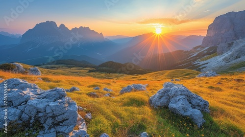 Golden sunset over alpine meadows